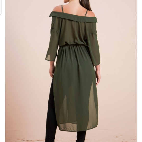 Olive Cold Shoulder Blouse w/ Collar & Twist Knot - Picture 3 of 10